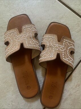Beaded Tan Slide Sandals - Women's Slip-On